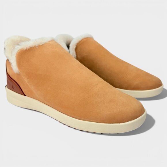 NWT OluKai Malua Hulu Women's 9 Tan Tapa Leather Shearling Boots 20427